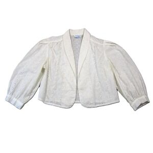 Vtg Bedford Fair Eyelet Crop Jacket L Ivory Puff Sleeve Open Front‎ Cottagecore